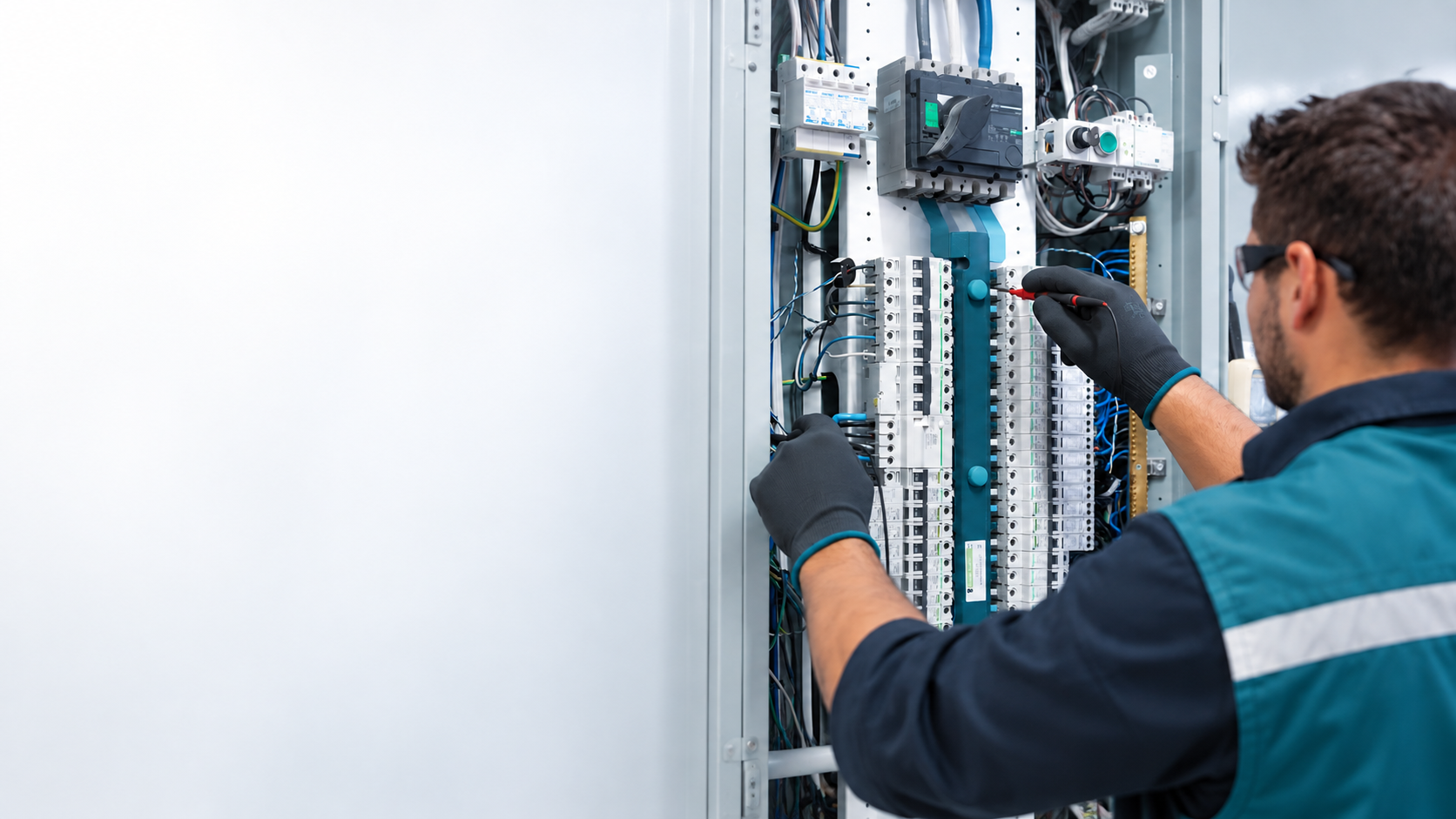 Técnico da Electric Solutions trabalhando em quadro elétrico